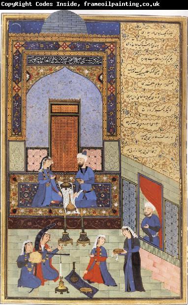 Ali She Nawat Prince Bahram-i-Gor,dressed in blue,listen to the tale of the Princess of the Blue Pavilion